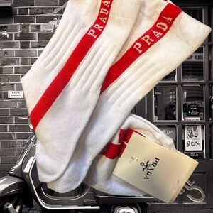 Designer Inspired Ribbed Elastic Crew Socks•White with Red Stripe & White Letter